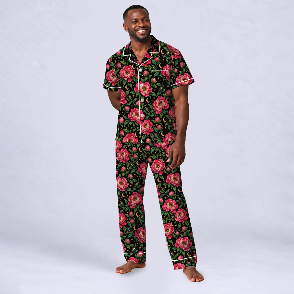 Floral Peony Pajama Set, Celestial Moon Garden Sleepwear, Cozy Long Sleeve Button Down Pajamas For Men