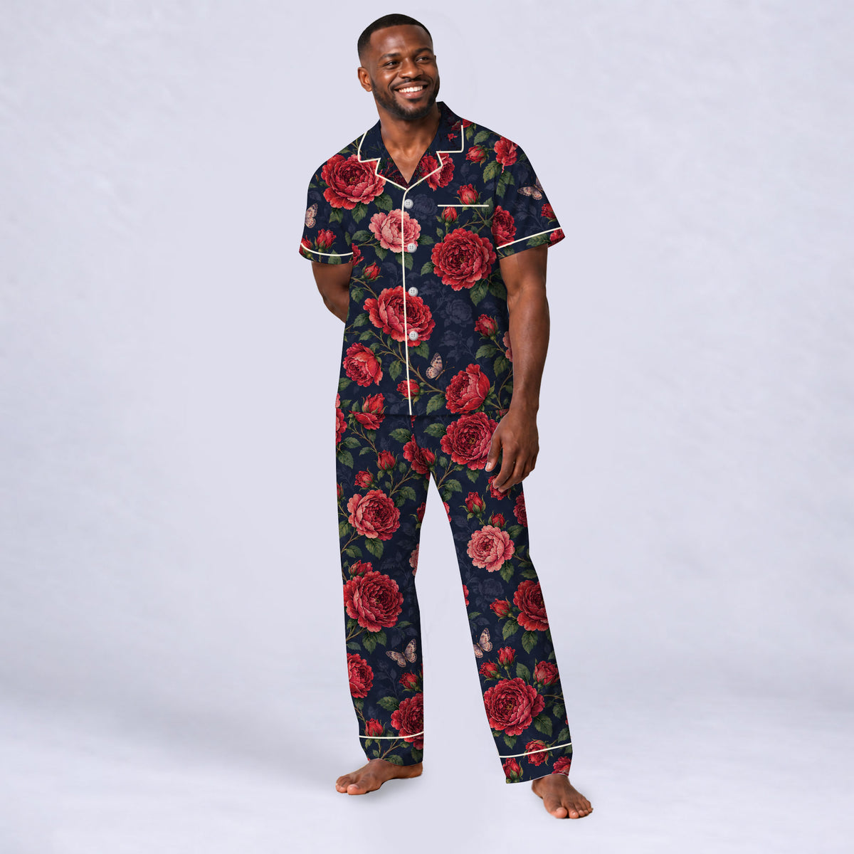 Floral Rose Pajama Set, Vintage Red Rose Butterfly Sleepwear, Cozy Long Sleeve Button Down Pajamas For Men