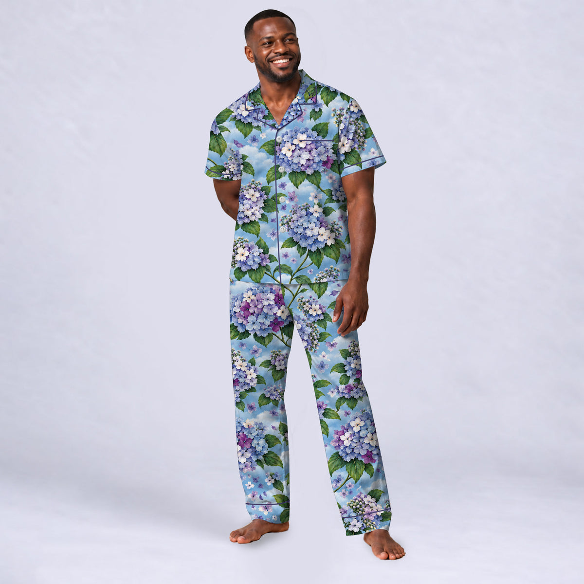 Floral Hydrangea Pajama Set, Blue Botanical Flower Sleepwear, Cozy Long Sleeve Button Down Pajamas For Men