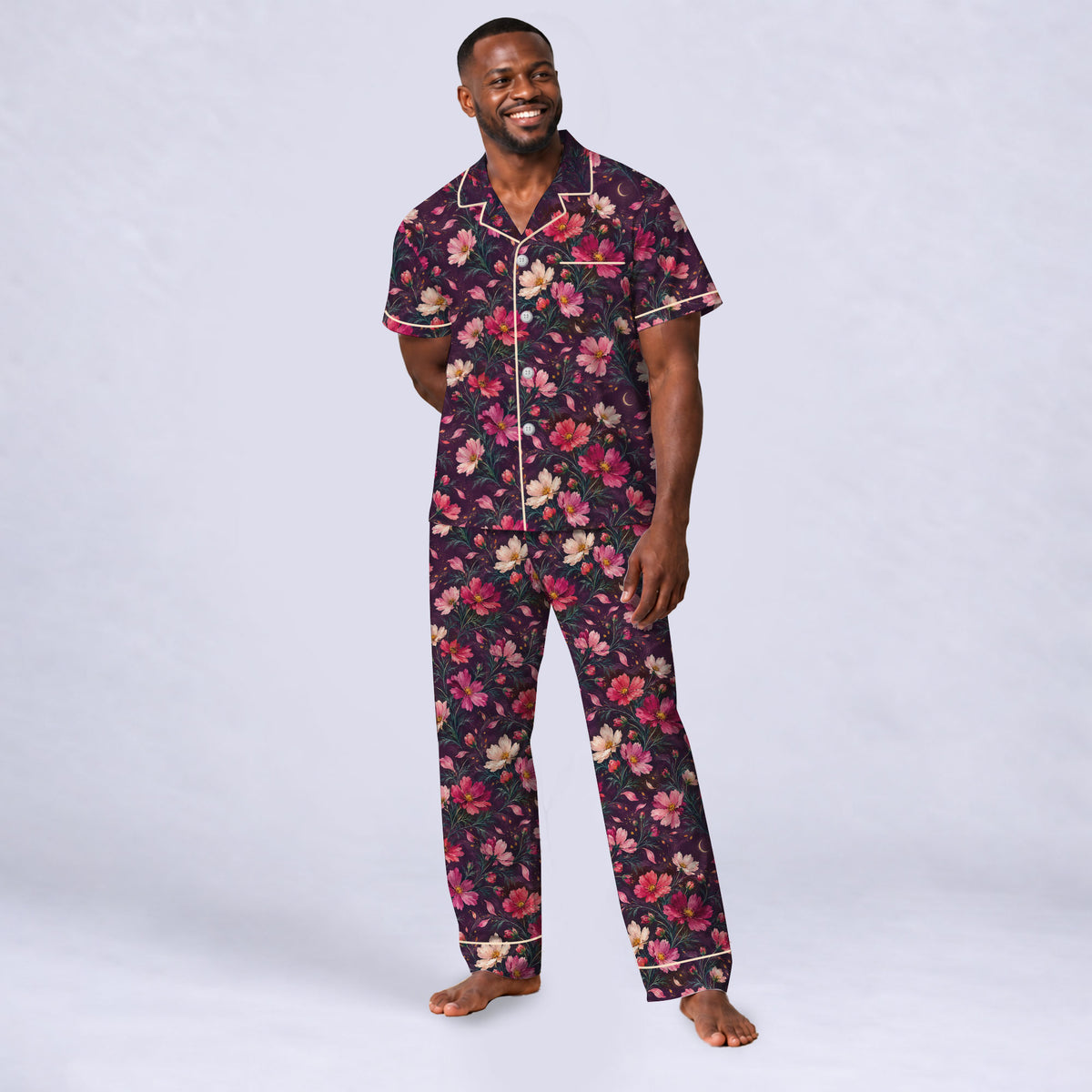 Floral Cosmos Pajama Set, Romantic Wildflower Sleepwear, Cozy Long Sleeve Button Down Pajamas For Men