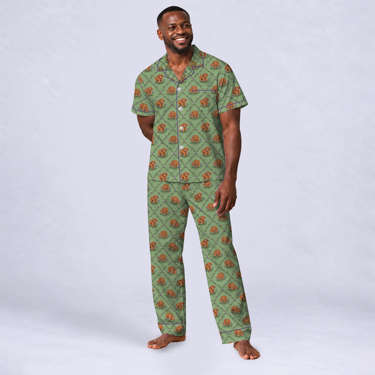 Highland Cow Pajama Set, Floral Highland Cow Sleepwear, Cozy Long Sleeve Button Down Pajamas For Men