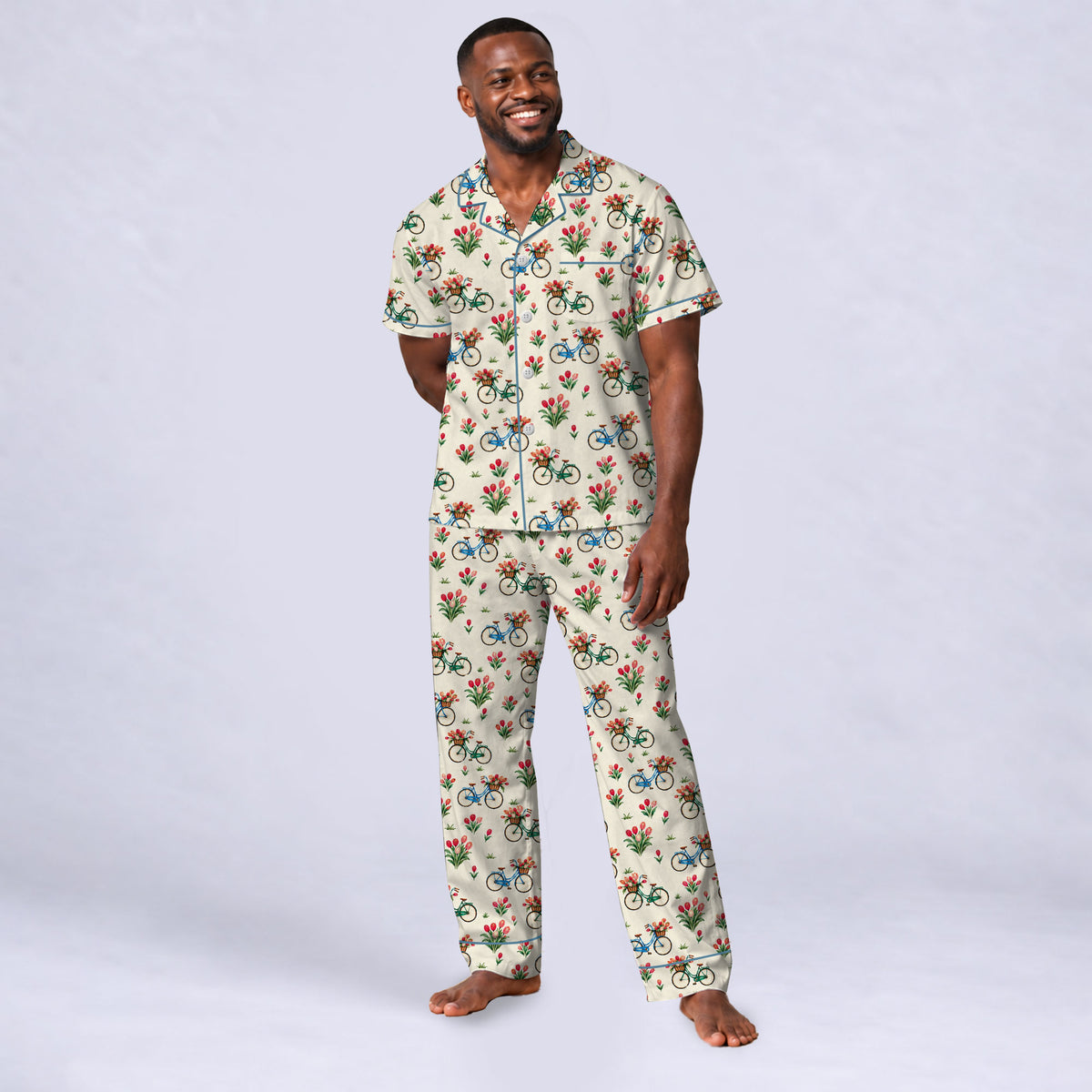 Floral Bicycle Pajama Set, Vintage Tulip Garden Sleepwear, Cozy Long Sleeve Button Down Pajamas For Men