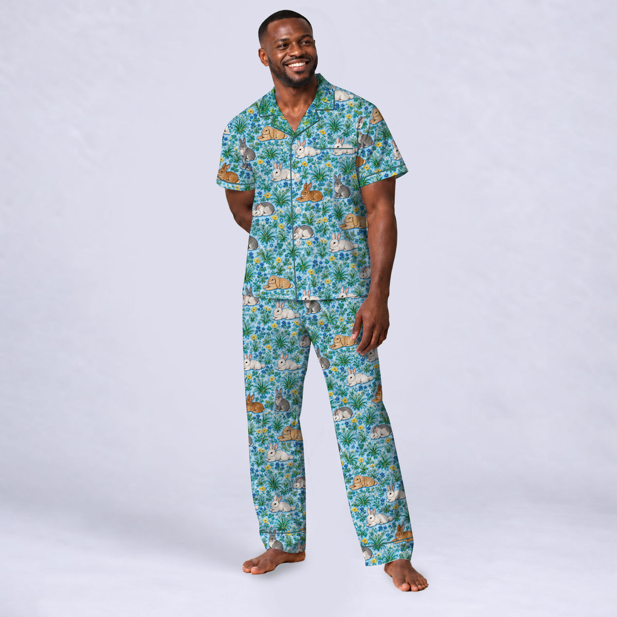 Floral Bunny Pajama Set, Cute Rabbit Garden Sleepwear, Cozy Long Sleeve Button Down Pajamas For Men