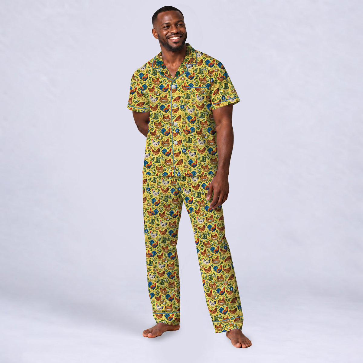 Chicken Farm Pajama Set, Vintage Rooster And Hen Sleepwear, Cozy Long Sleeve Button Down Pajamas For Men