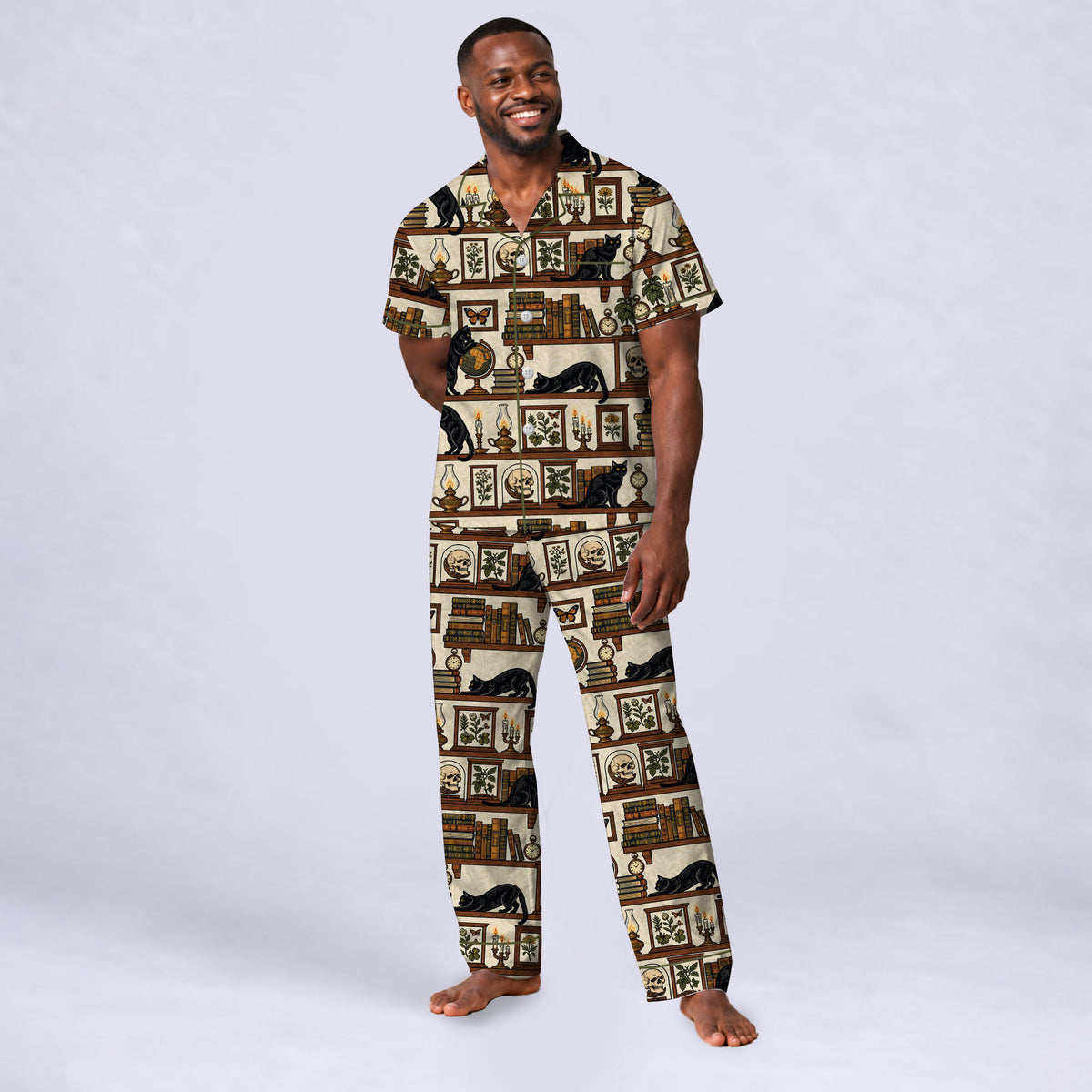 Gothic Black Cat Pajama Set, Vintage Library Cat Sleepwear, Cozy Long Sleeve Button Down Pajamas For Men