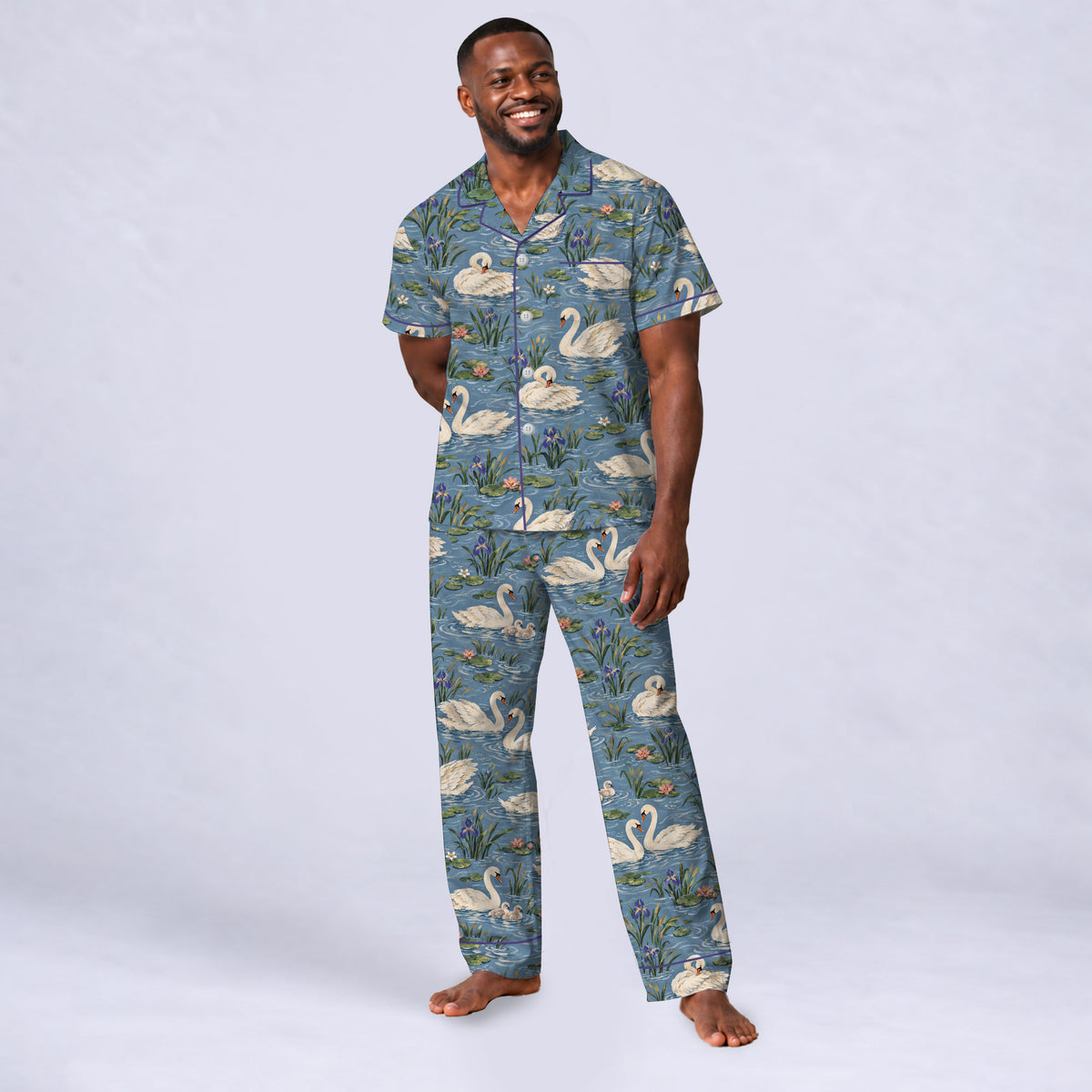 Elegant Swan Pajama Set, Vintage Swan Lake Sleepwear, Cozy Long Sleeve Button Down Pajamas For Men