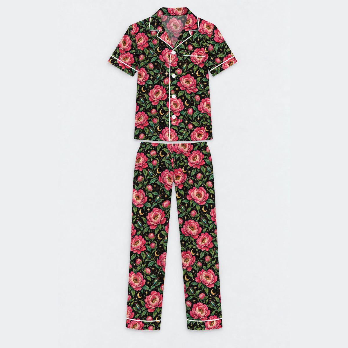 Floral Peony Pajama Set, Celestial Moon Garden Sleepwear, Cozy Long Sleeve Button Down Pajamas For Men