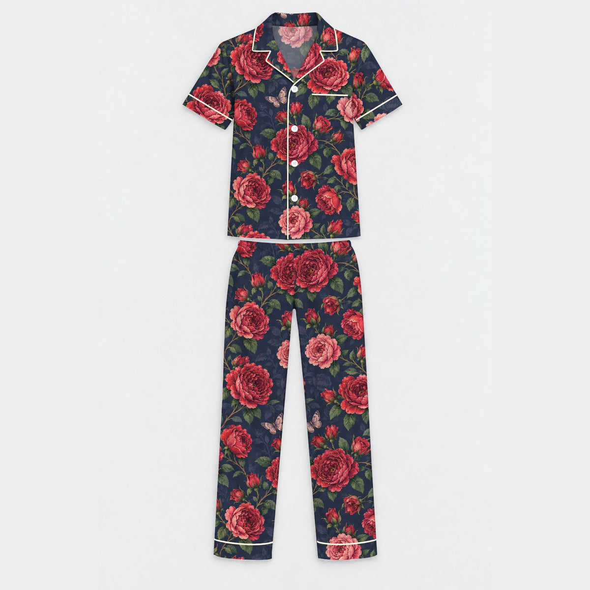 Floral Rose Pajama Set, Vintage Red Rose Butterfly Sleepwear, Cozy Long Sleeve Button Down Pajamas For Men