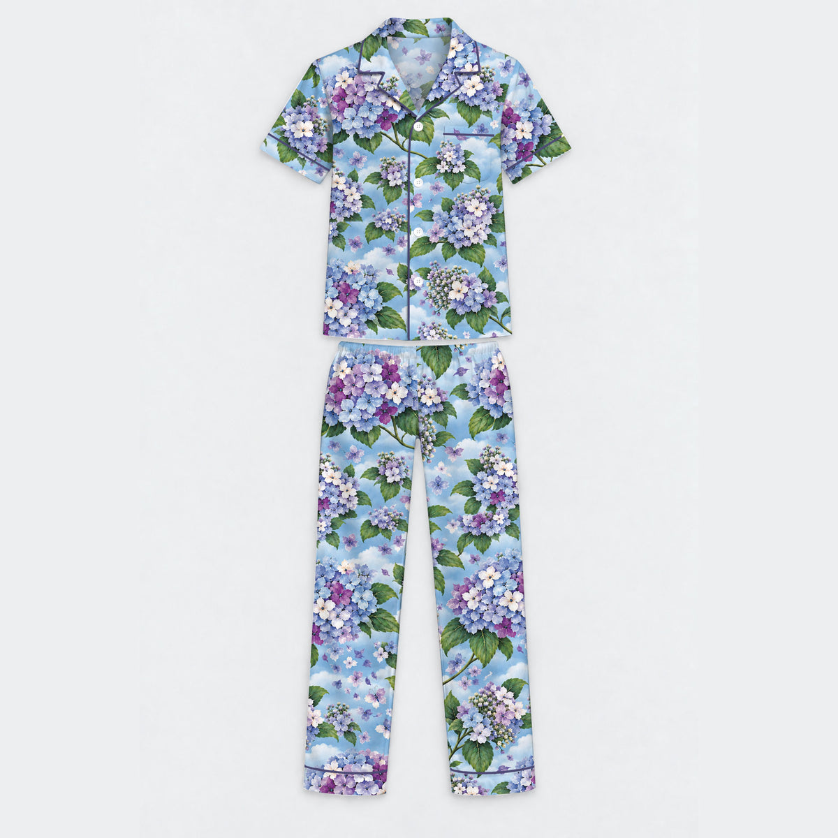 Floral Hydrangea Pajama Set, Blue Botanical Flower Sleepwear, Cozy Long Sleeve Button Down Pajamas For Men