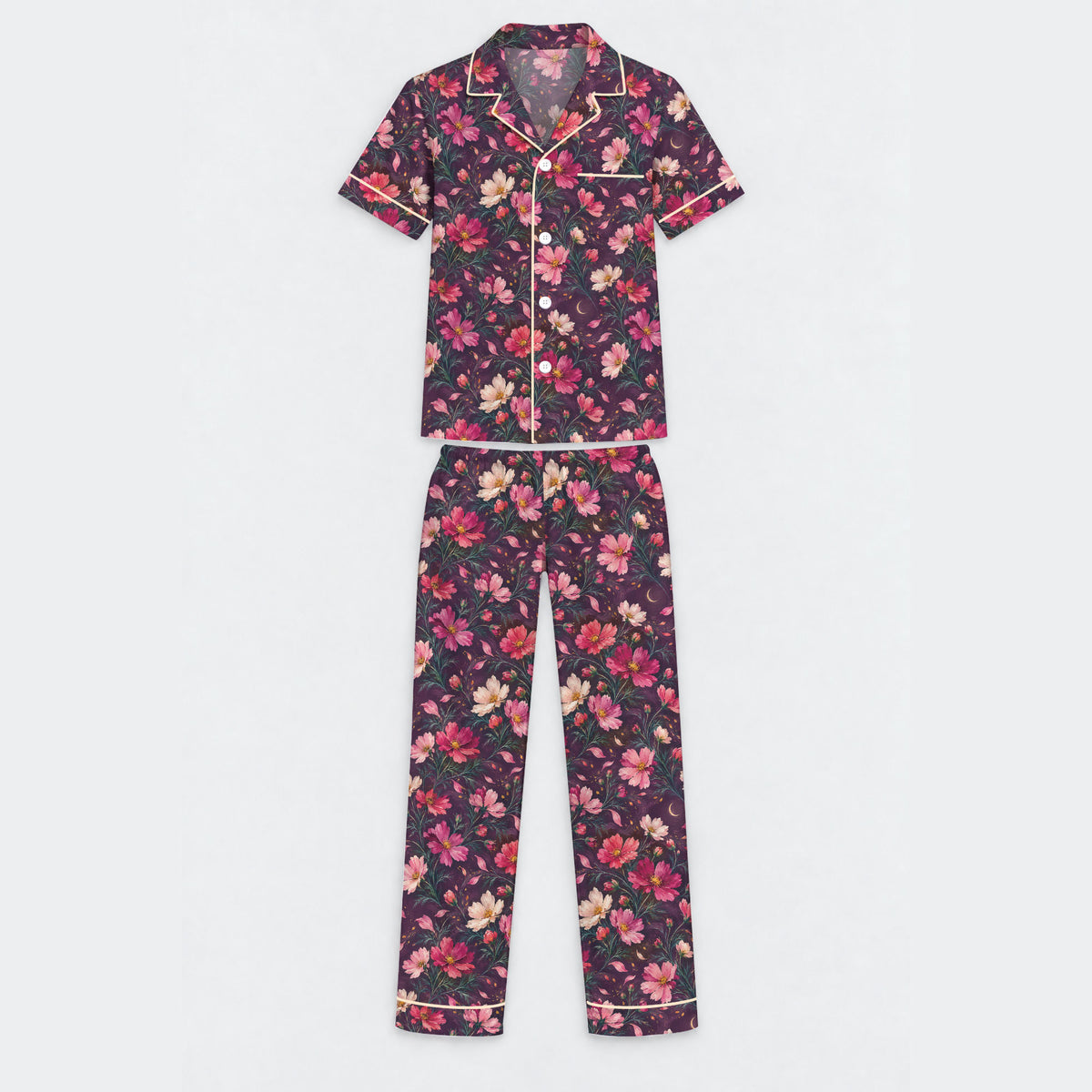 Floral Cosmos Pajama Set, Romantic Wildflower Sleepwear, Cozy Long Sleeve Button Down Pajamas For Men