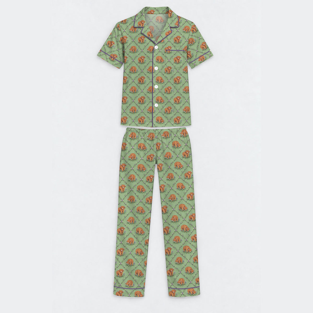 Highland Cow Pajama Set, Floral Highland Cow Sleepwear, Cozy Long Sleeve Button Down Pajamas For Men