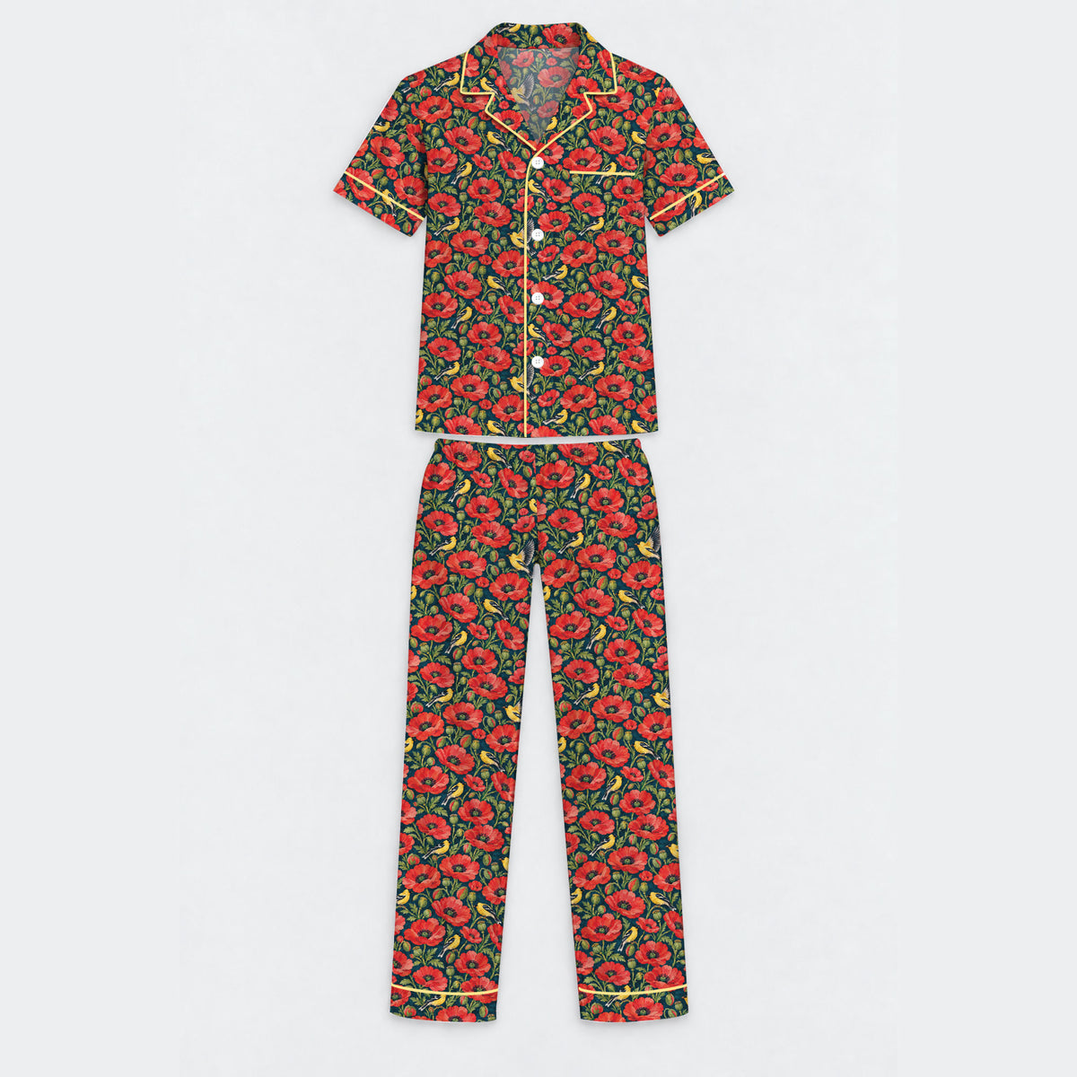Floral Poppy Pajama Set, Vintage Wildflower Bird Sleepwear, Cozy Long Sleeve Button Down Pajamas For Men