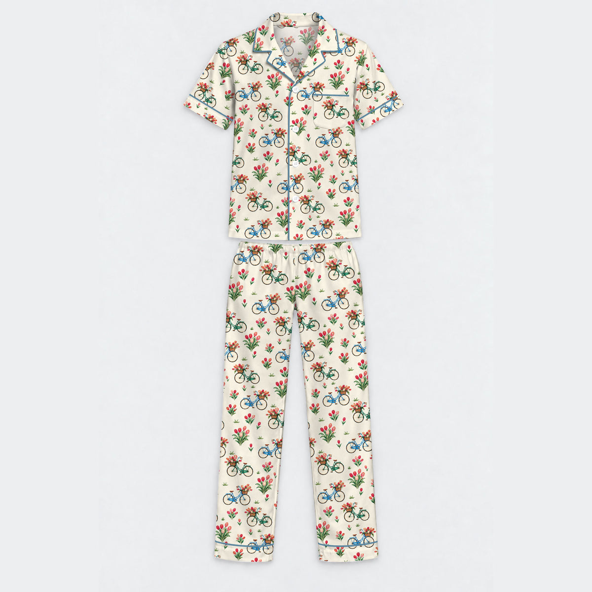 Floral Bicycle Pajama Set, Vintage Tulip Garden Sleepwear, Cozy Long Sleeve Button Down Pajamas For Men