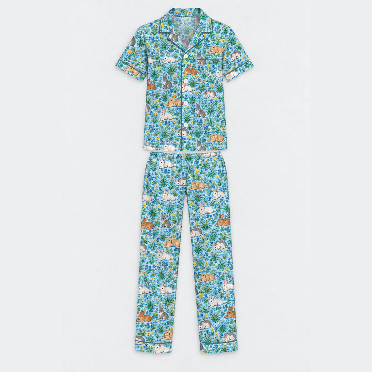 Floral Bunny Pajama Set, Cute Rabbit Garden Sleepwear, Cozy Long Sleeve Button Down Pajamas For Men