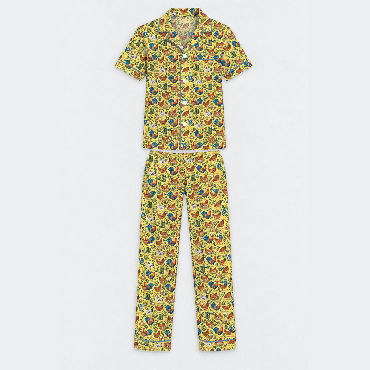 Chicken Farm Pajama Set, Vintage Rooster And Hen Sleepwear, Cozy Long Sleeve Button Down Pajamas For Men
