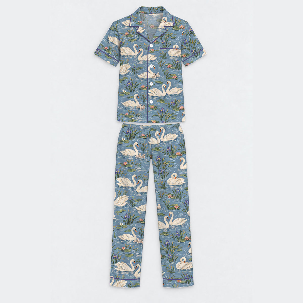 Elegant Swan Pajama Set, Vintage Swan Lake Sleepwear, Cozy Long Sleeve Button Down Pajamas For Men