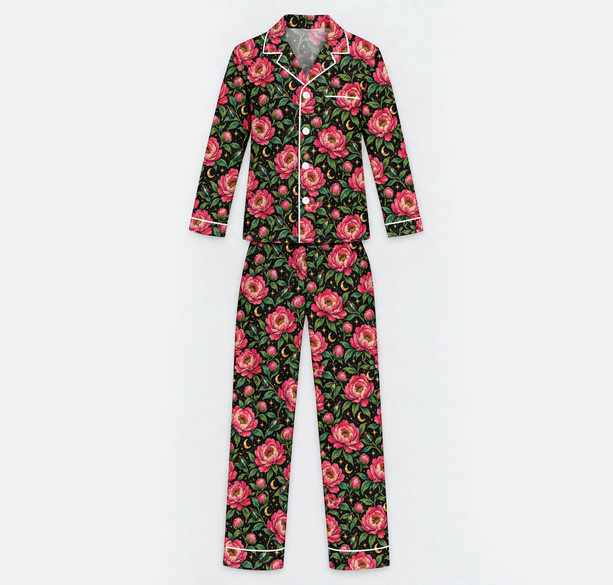 Floral Peony Pajama Set, Celestial Moon Garden Sleepwear, Cozy Long Sleeve Button Down Pajamas For Men