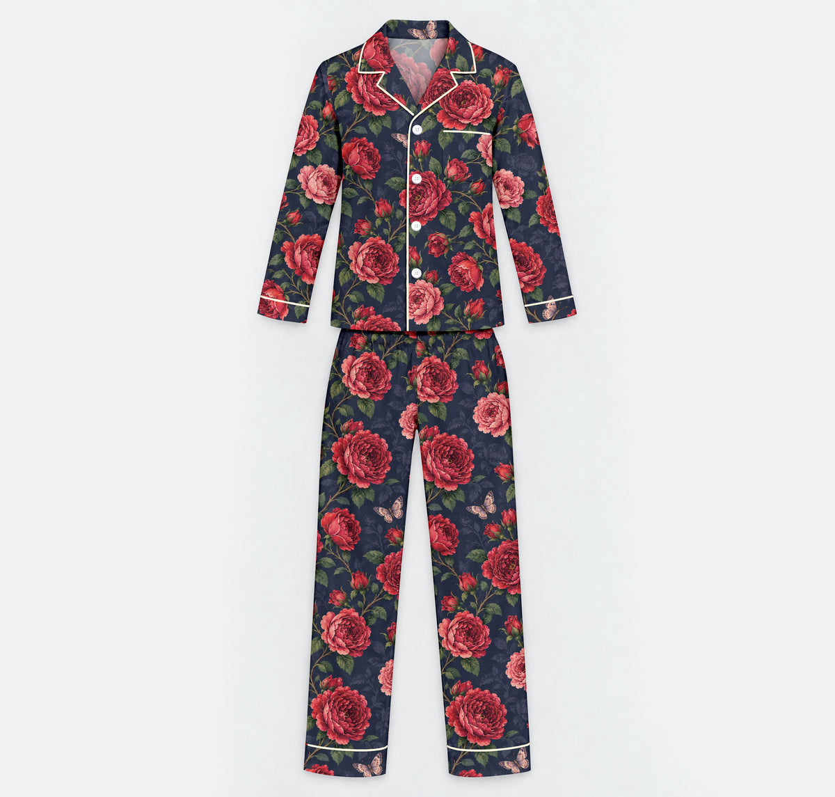 Floral Rose Pajama Set, Vintage Red Rose Butterfly Sleepwear, Cozy Long Sleeve Button Down Pajamas For Men