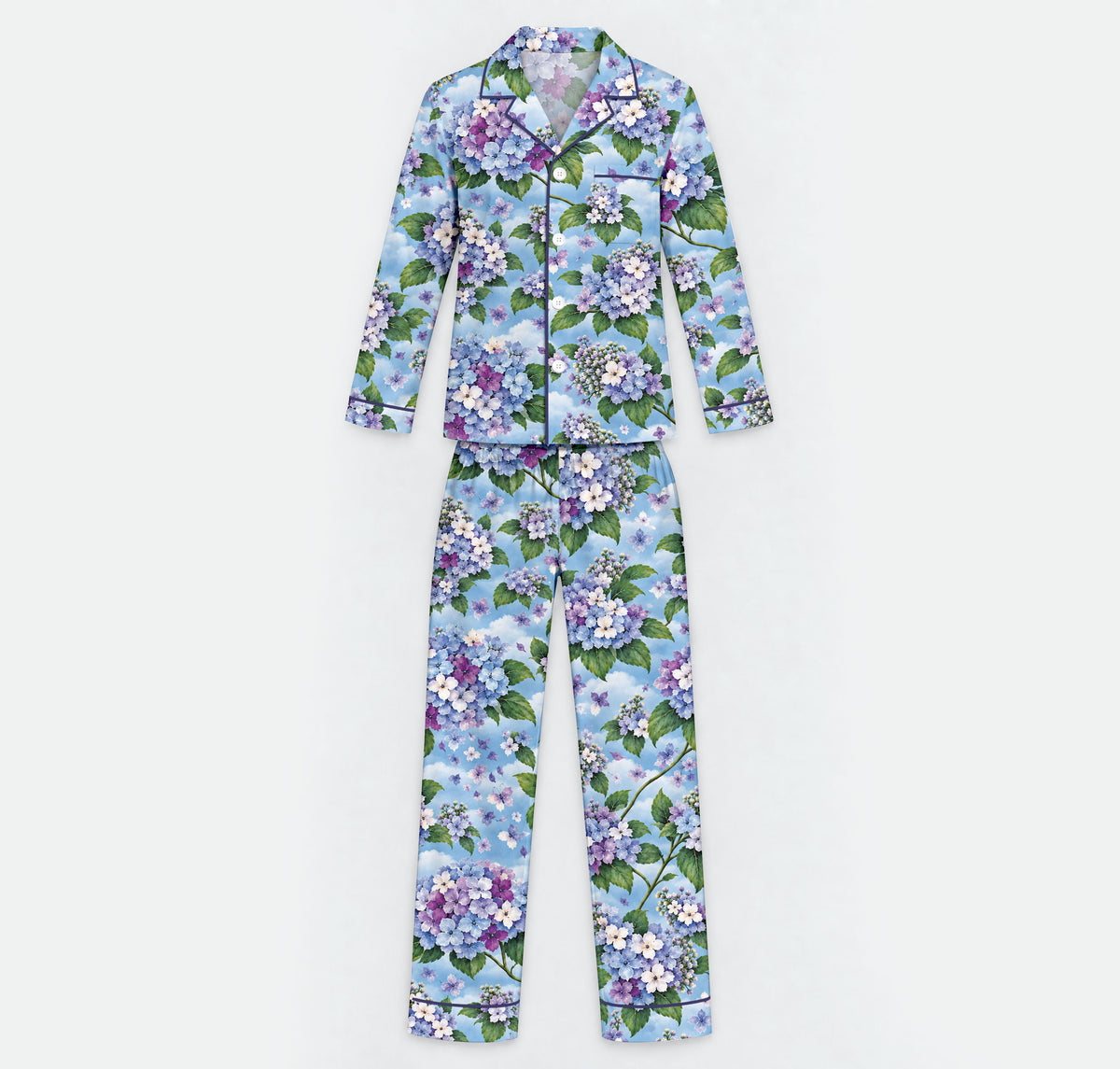 Floral Hydrangea Pajama Set, Blue Botanical Flower Sleepwear, Cozy Long Sleeve Button Down Pajamas For Men
