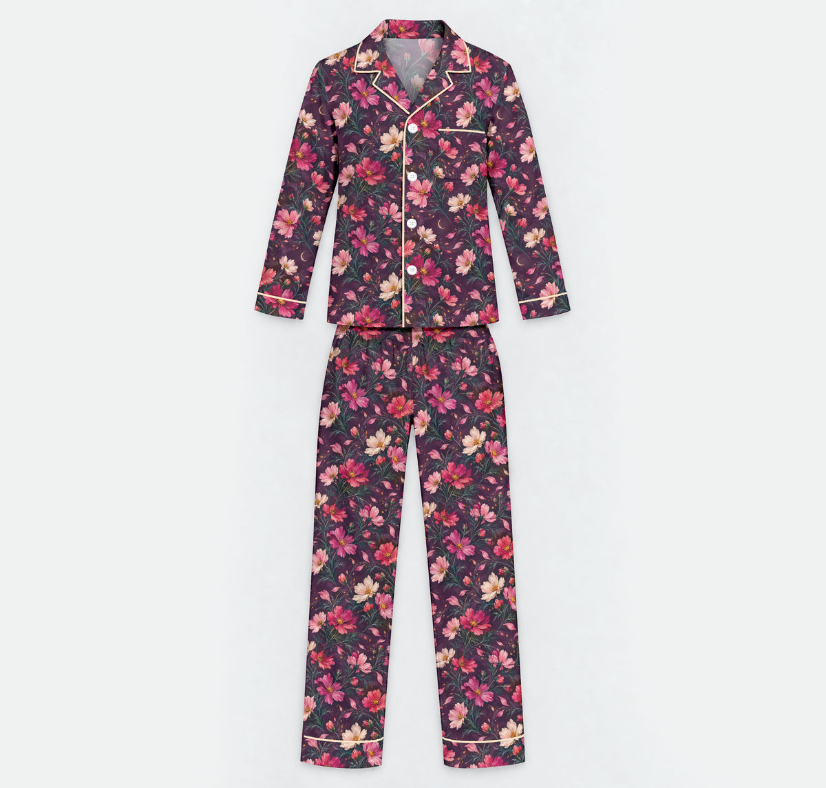 Floral Cosmos Pajama Set, Romantic Wildflower Sleepwear, Cozy Long Sleeve Button Down Pajamas For Men
