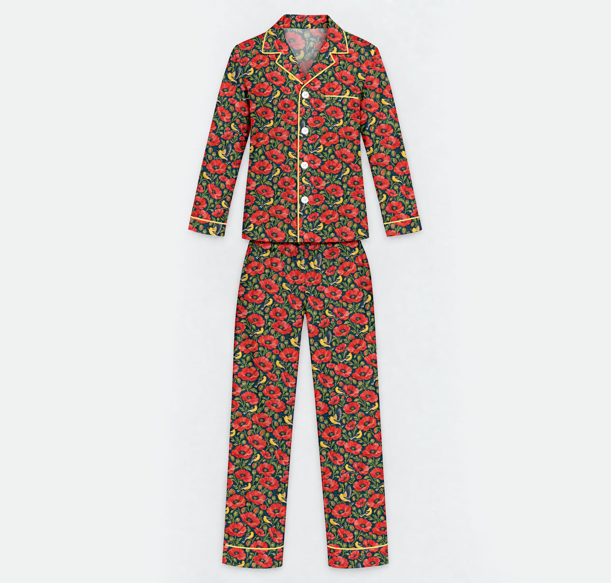 Floral Poppy Pajama Set, Vintage Wildflower Bird Sleepwear, Cozy Long Sleeve Button Down Pajamas For Men