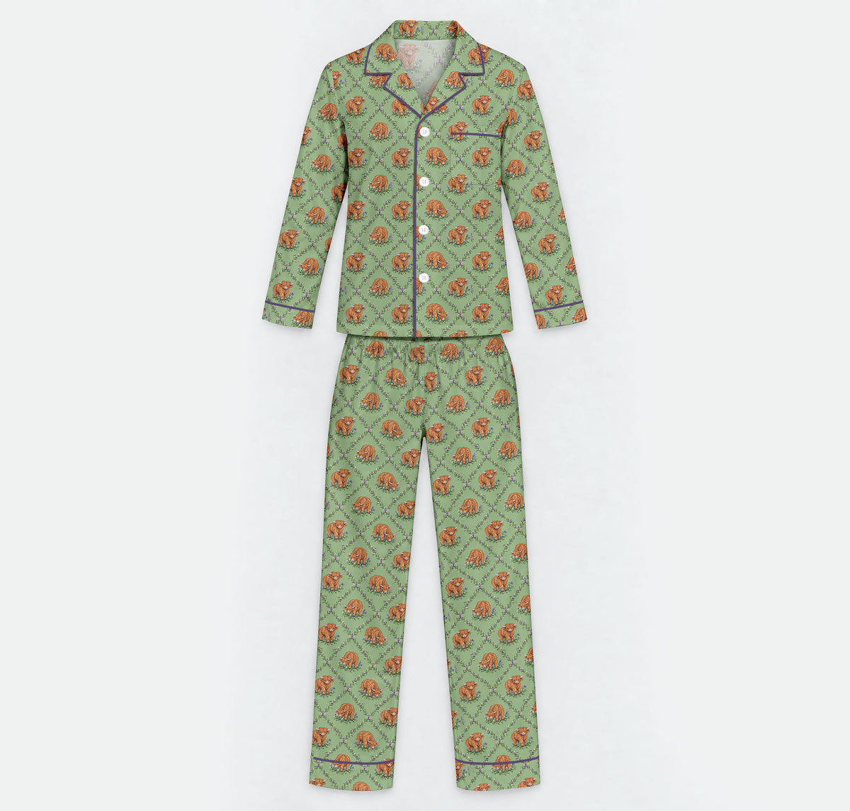Highland Cow Pajama Set, Floral Highland Cow Sleepwear, Cozy Long Sleeve Button Down Pajamas For Men