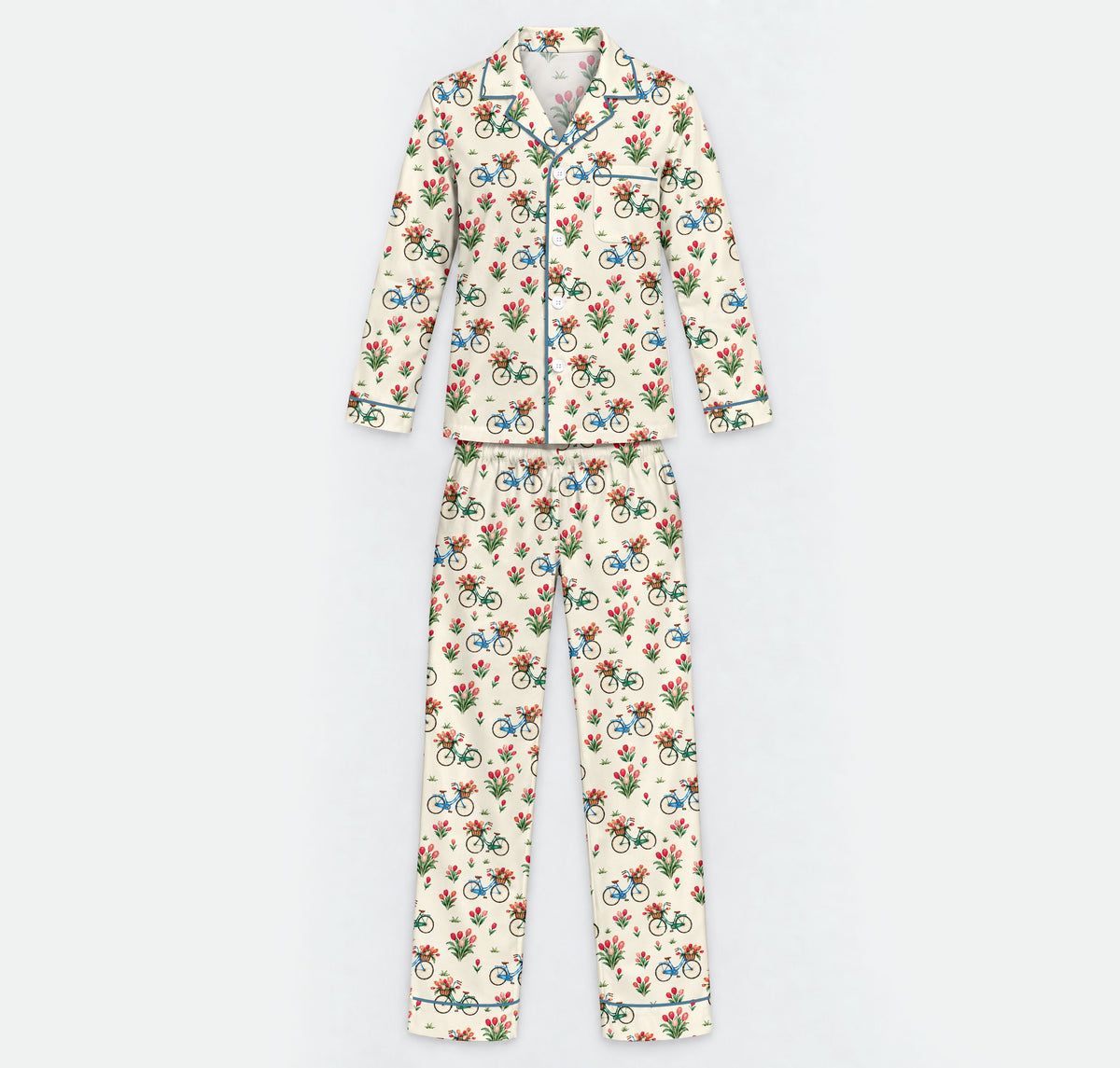 Floral Bicycle Pajama Set, Vintage Tulip Garden Sleepwear, Cozy Long Sleeve Button Down Pajamas For Men