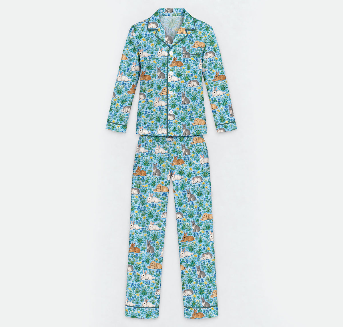 Floral Bunny Pajama Set, Cute Rabbit Garden Sleepwear, Cozy Long Sleeve Button Down Pajamas For Men