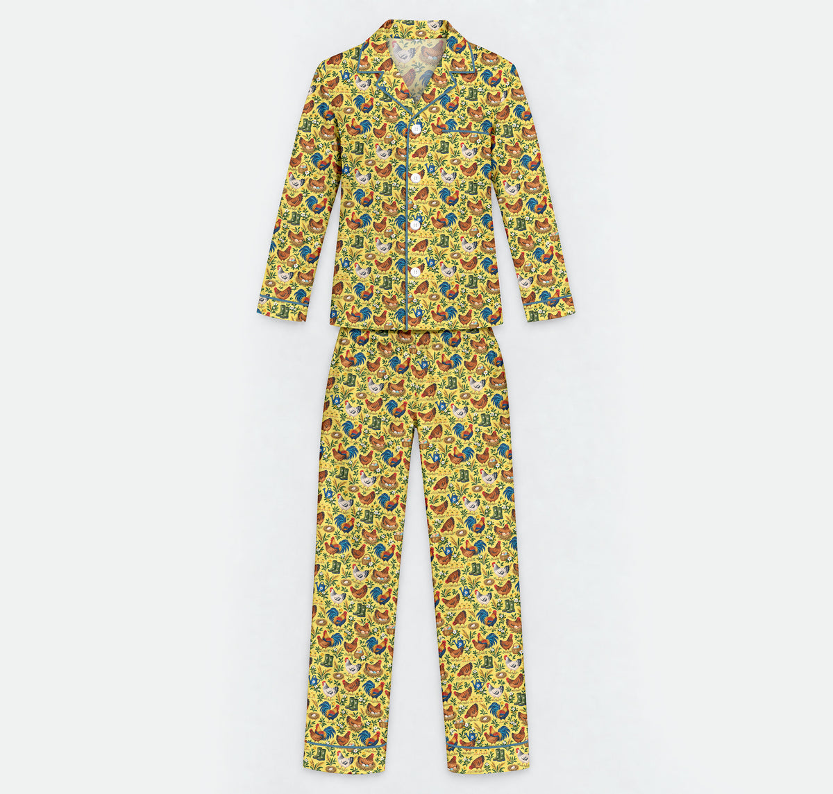 Chicken Farm Pajama Set, Vintage Rooster And Hen Sleepwear, Cozy Long Sleeve Button Down Pajamas For Men