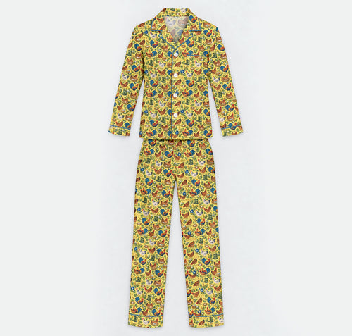 Chicken Farm Pajama Set, Vintage Rooster And Hen Sleepwear, Cozy Long Sleeve Button Down Pajamas For Men