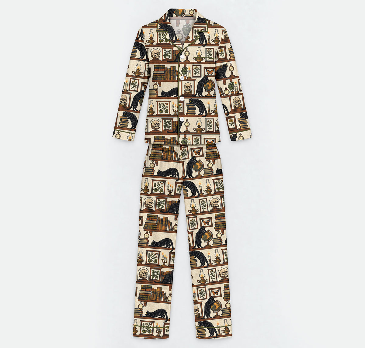 Gothic Black Cat Pajama Set, Vintage Library Cat Sleepwear, Cozy Long Sleeve Button Down Pajamas For Men