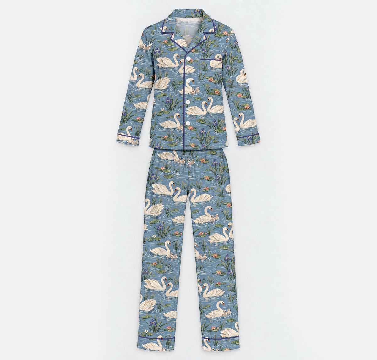 Elegant Swan Pajama Set, Vintage Swan Lake Sleepwear, Cozy Long Sleeve Button Down Pajamas For Men