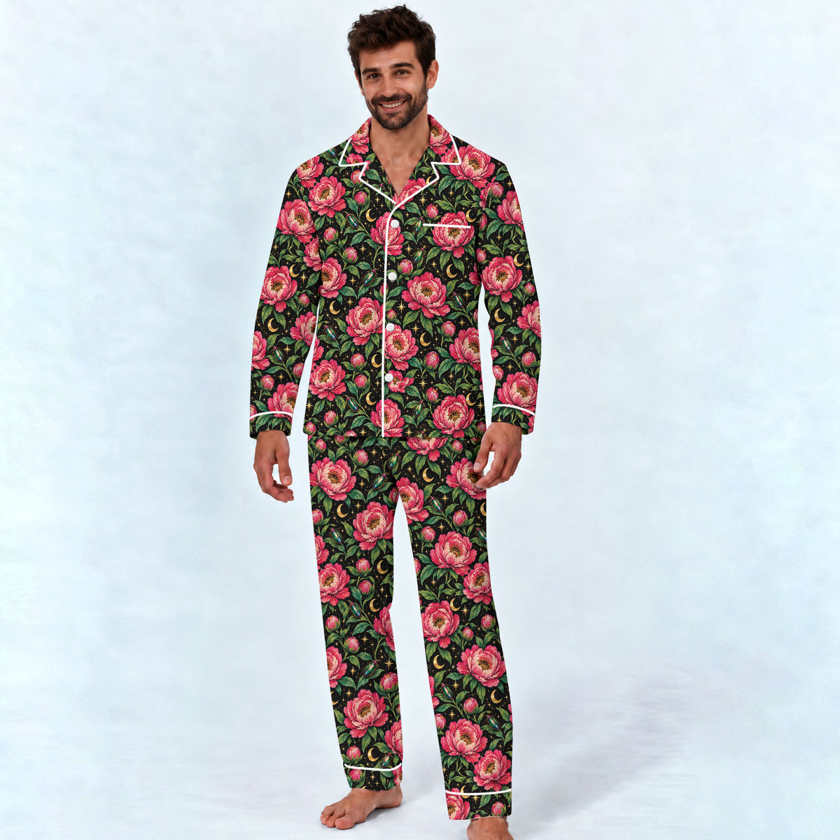 Floral Peony Pajama Set, Celestial Moon Garden Sleepwear, Cozy Long Sleeve Button Down Pajamas For Men