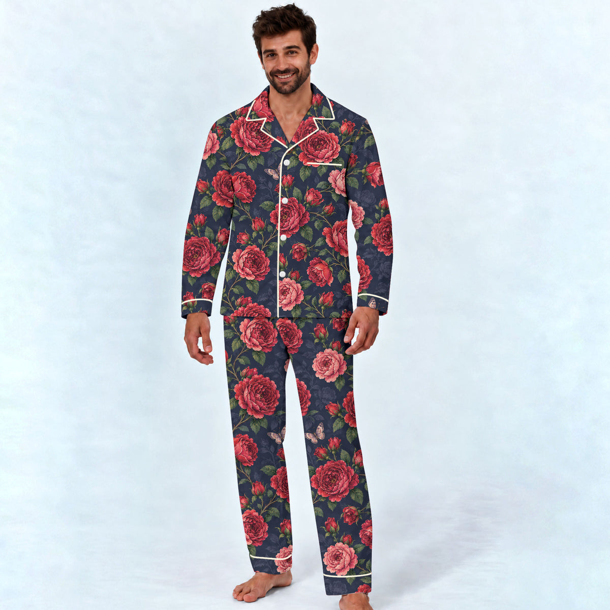 Floral Rose Pajama Set, Vintage Red Rose Butterfly Sleepwear, Cozy Long Sleeve Button Down Pajamas For Men