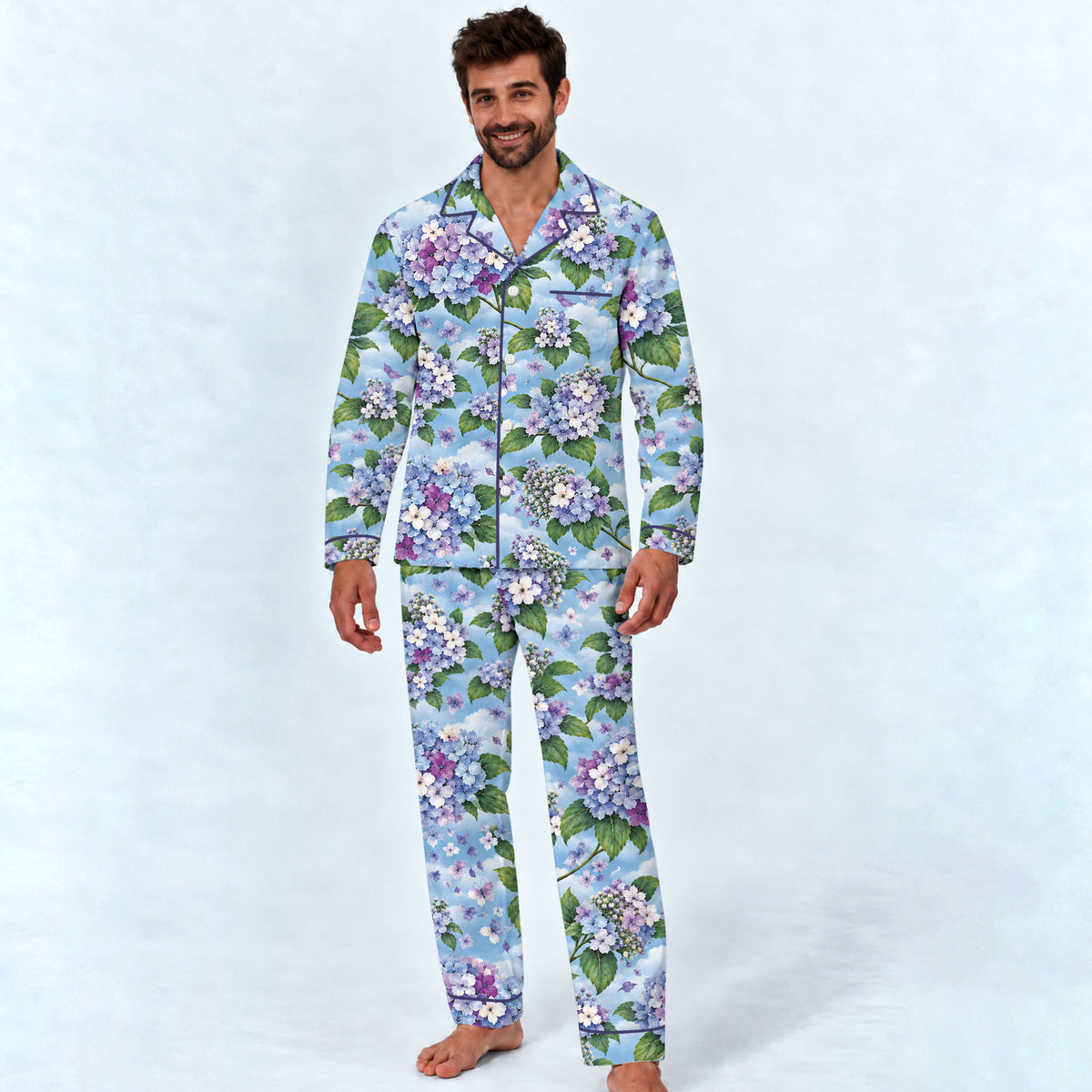 Floral Hydrangea Pajama Set, Blue Botanical Flower Sleepwear, Cozy Long Sleeve Button Down Pajamas For Men