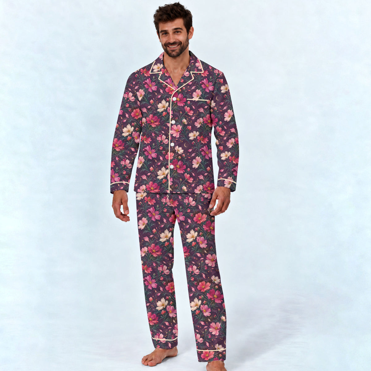 Floral Cosmos Pajama Set, Romantic Wildflower Sleepwear, Cozy Long Sleeve Button Down Pajamas For Men
