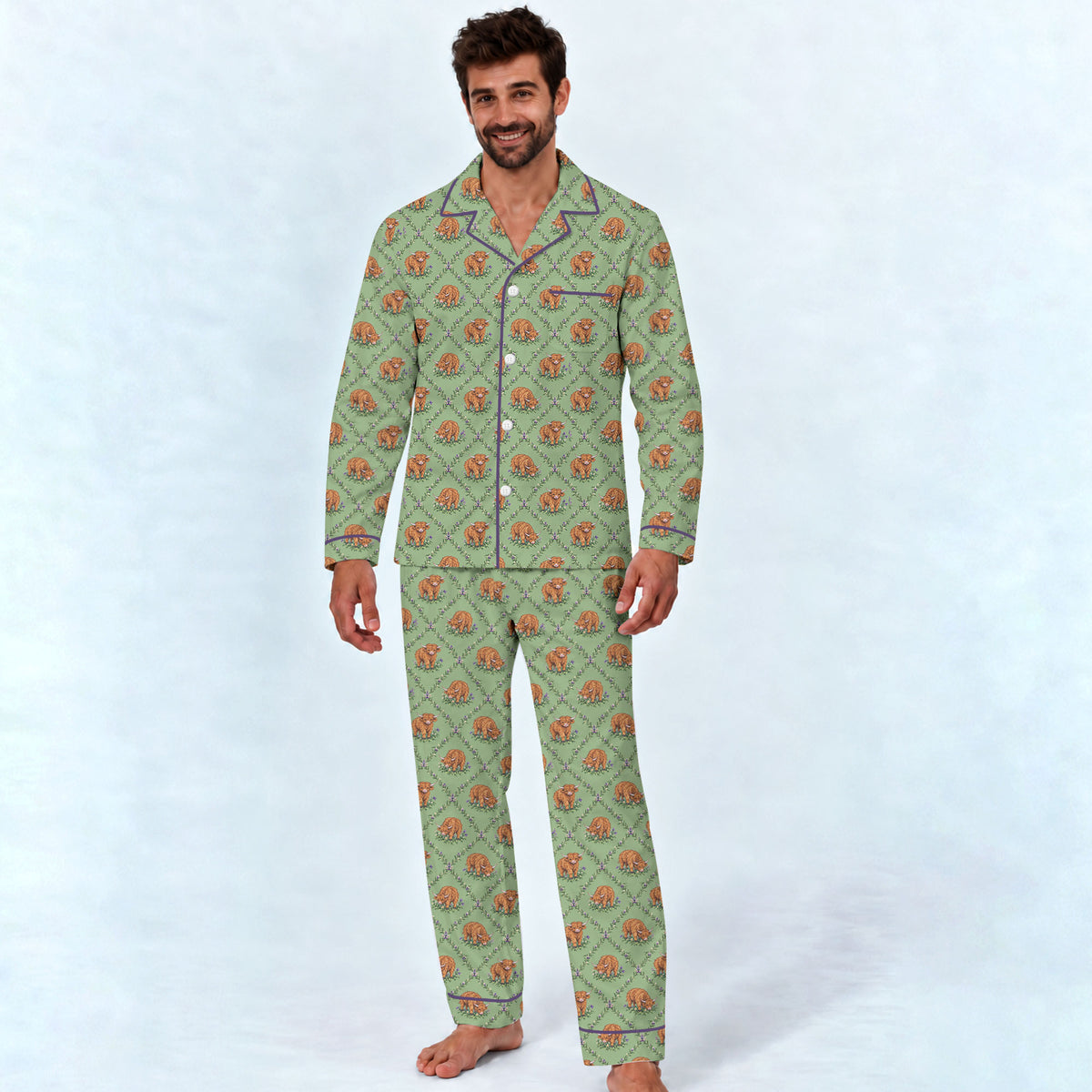 Highland Cow Pajama Set, Floral Highland Cow Sleepwear, Cozy Long Sleeve Button Down Pajamas For Men