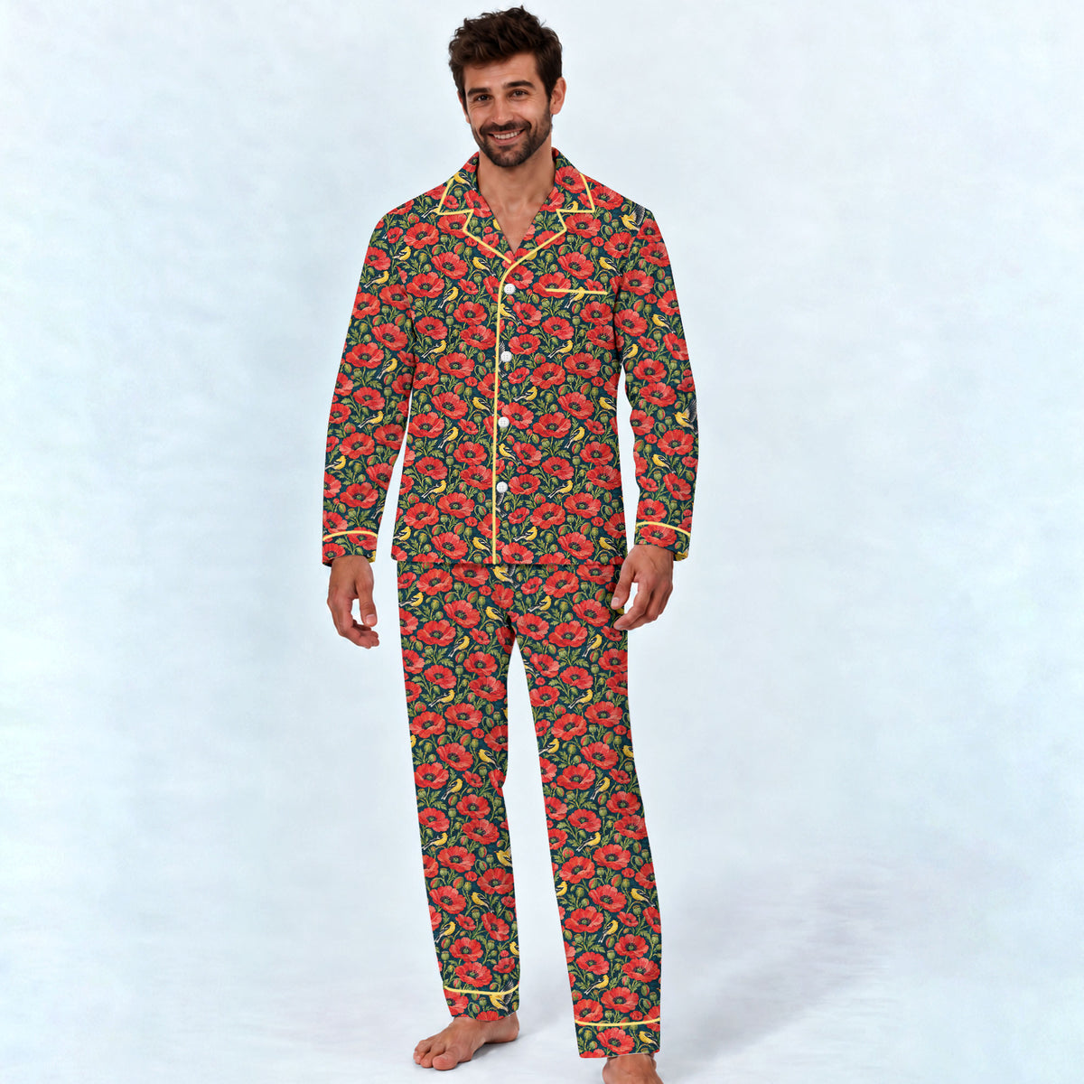 Floral Poppy Pajama Set, Vintage Wildflower Bird Sleepwear, Cozy Long Sleeve Button Down Pajamas For Men