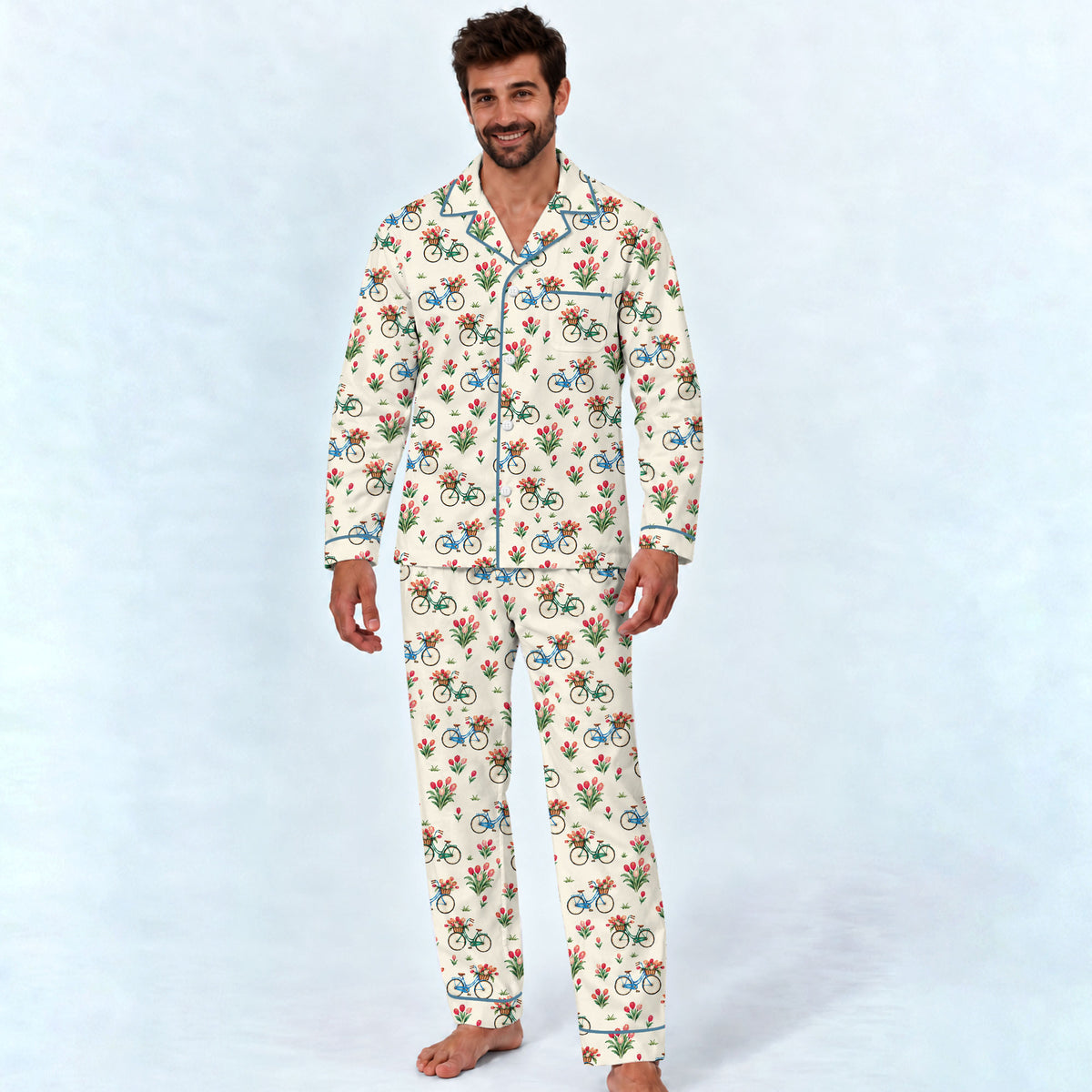 Floral Bicycle Pajama Set, Vintage Tulip Garden Sleepwear, Cozy Long Sleeve Button Down Pajamas For Men