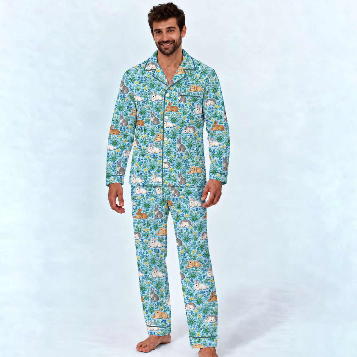 Floral Bunny Pajama Set, Cute Rabbit Garden Sleepwear, Cozy Long Sleeve Button Down Pajamas For Men