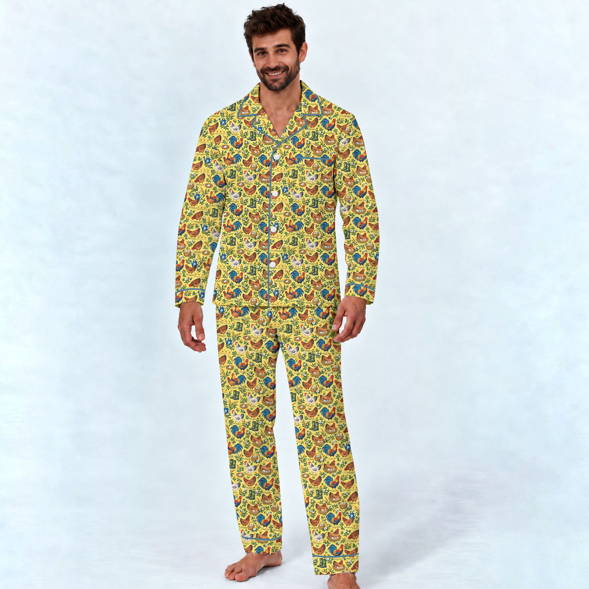Chicken Farm Pajama Set, Vintage Rooster And Hen Sleepwear, Cozy Long Sleeve Button Down Pajamas For Men