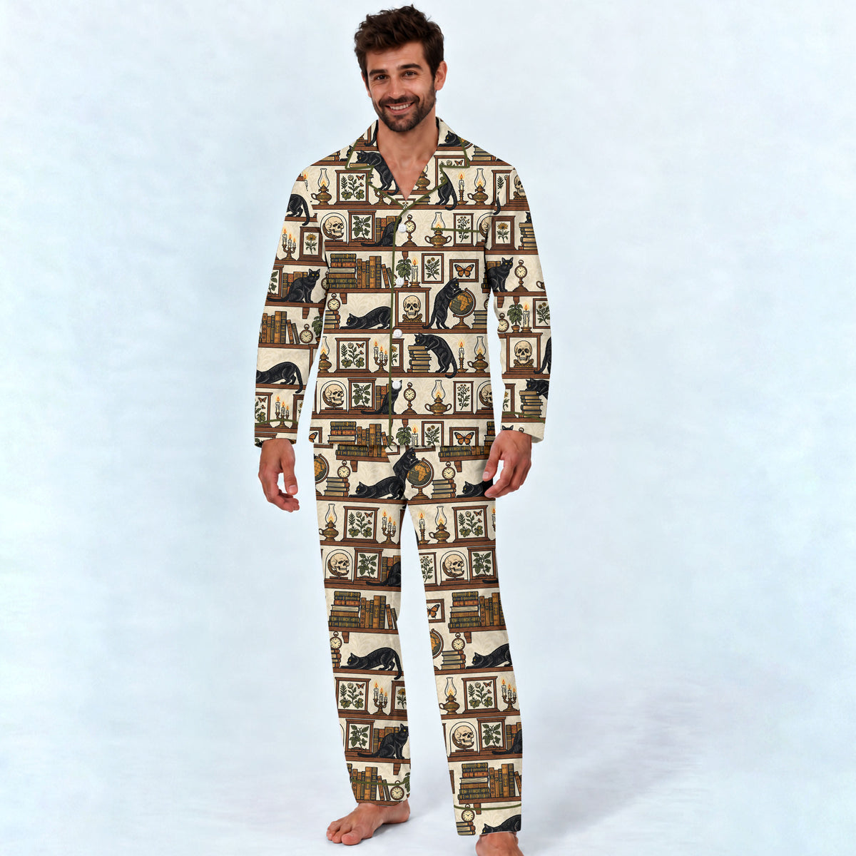 Gothic Black Cat Pajama Set, Vintage Library Cat Sleepwear, Cozy Long Sleeve Button Down Pajamas For Men