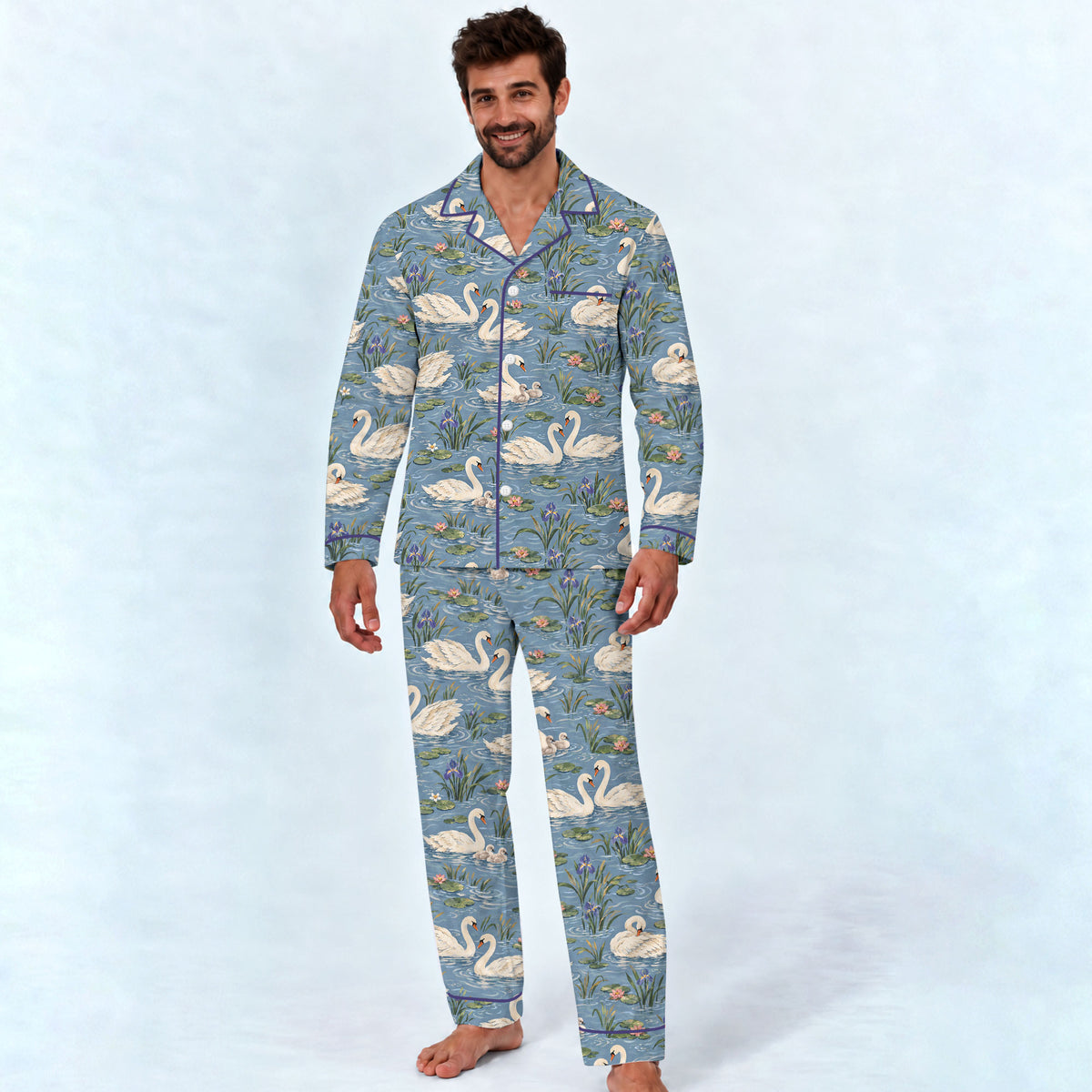Elegant Swan Pajama Set, Vintage Swan Lake Sleepwear, Cozy Long Sleeve Button Down Pajamas For Men