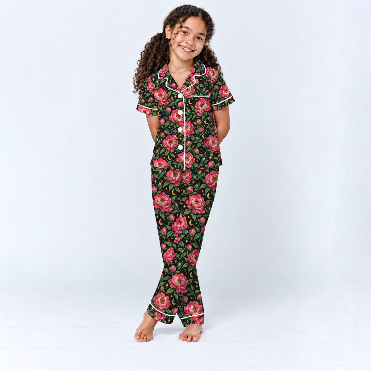 Floral Peony Pajama Set, Celestial Moon Garden Sleepwear, Cozy Long Sleeve Button Down Pajamas For Kids