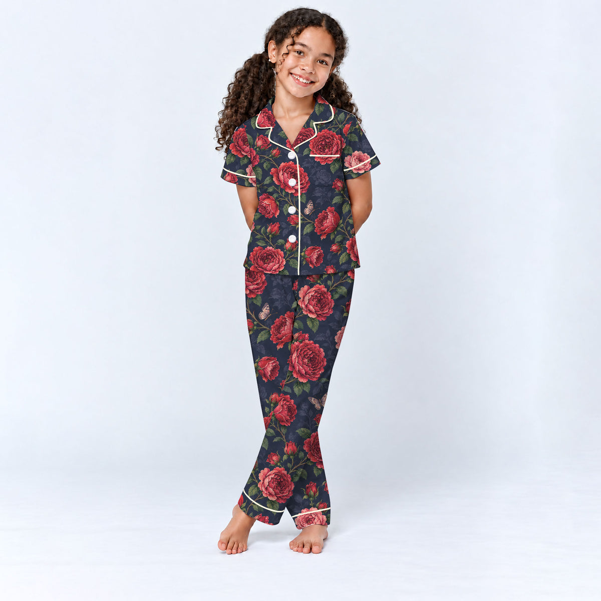 Floral Rose Pajama Set, Vintage Red Rose Butterfly Sleepwear, Cozy Long Sleeve Button Down Pajamas For Kids