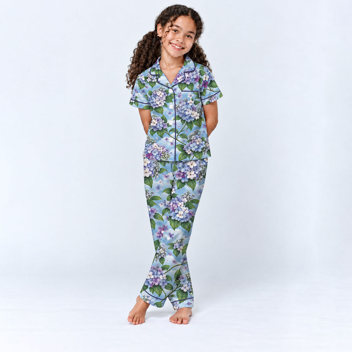 Floral Hydrangea Pajama Set, Blue Botanical Flower Sleepwear, Cozy Long Sleeve Button Down Pajamas For Kids