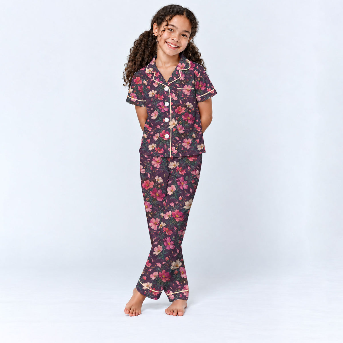 Floral Cosmos Pajama Set, Romantic Wildflower Sleepwear, Cozy Long Sleeve Button Down Pajamas For Kids