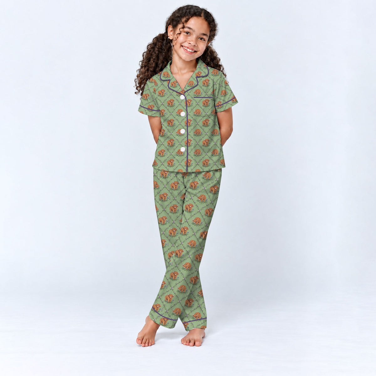 Highland Cow Pajama Set, Floral Highland Cow Sleepwear, Cozy Long Sleeve Button Down Pajamas For Kid