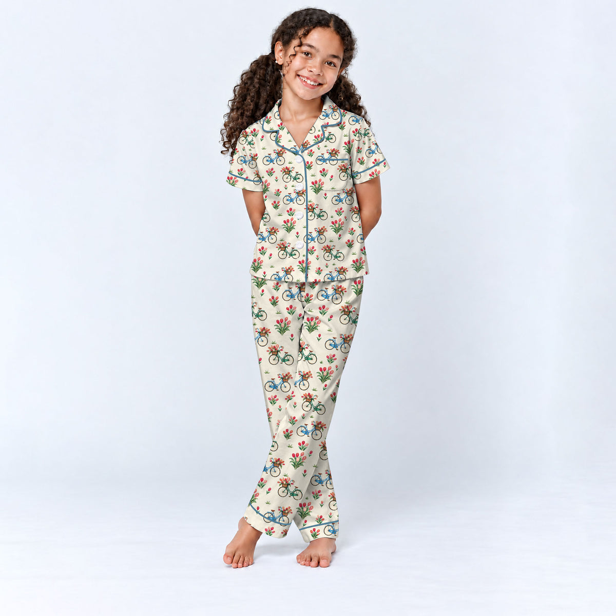 Floral Bicycle Pajama Set, Vintage Tulip Garden Sleepwear, Cozy Long Sleeve Button Down Pajamas For Kids