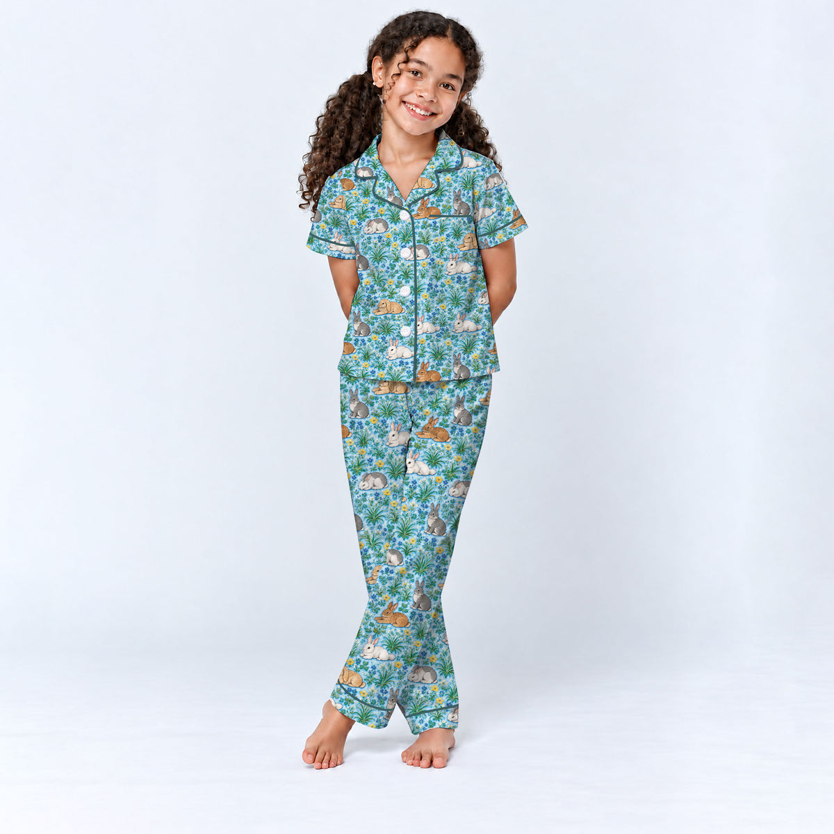 Floral Bunny Pajama Set, Cute Rabbit Garden Sleepwear, Cozy Long Sleeve Button Down Pajamas For Kids